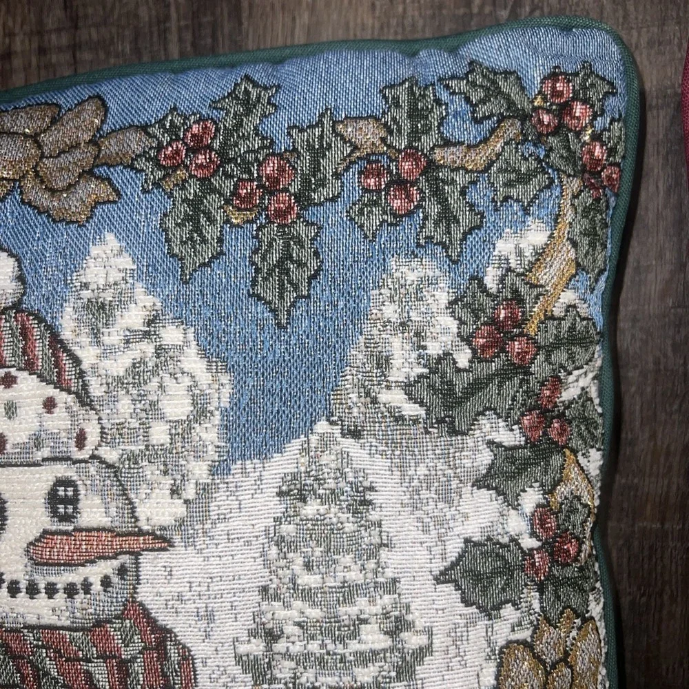 2 Tapestry Christmas Throw Pillows Snowman And Winter Scene